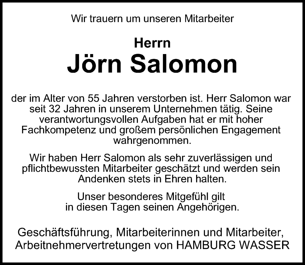  Traueranzeige für Jörn Salomon vom 05.08.2023 aus Hamburger Abendblatt