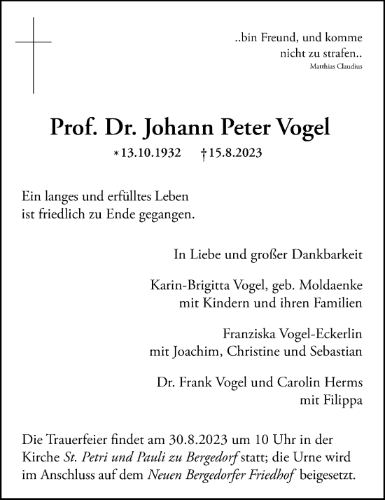 Traueranzeige von Johann Peter Vogel von Bergedorfer Zeitung