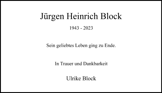 Traueranzeige von Jürgen Heinrich Block von Hamburger Abendblatt