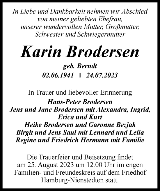 Traueranzeige von Karin Brodersen von Hamburger Abendblatt