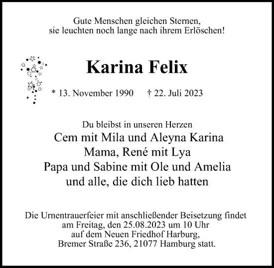 Traueranzeige von Karina Felix 