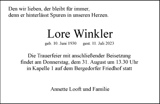 Traueranzeige von Lore Winkler von Bergedorfer Zeitung