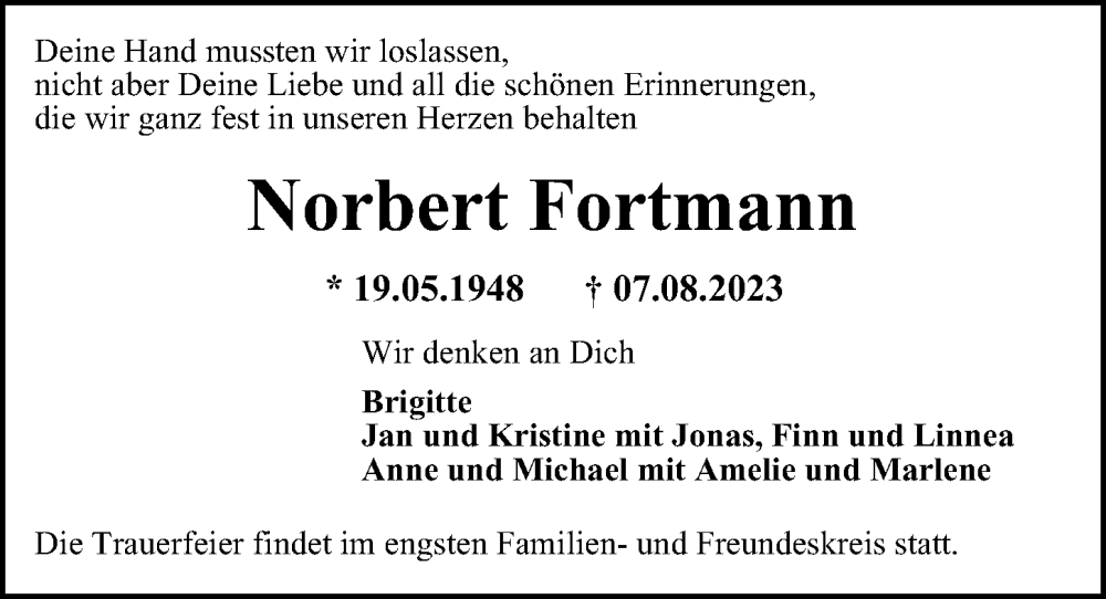  Traueranzeige für Norbert Fortmann vom 26.08.2023 aus Hamburger Abendblatt