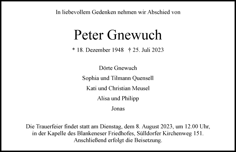  Traueranzeige für Peter Gnewuch vom 05.08.2023 aus Hamburger Abendblatt