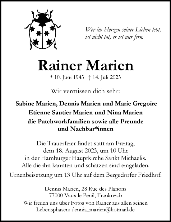 Traueranzeige von Rainer Marien von Hamburger Abendblatt