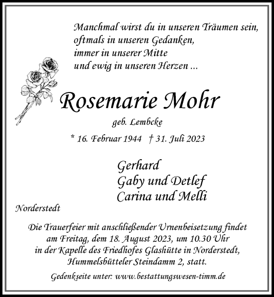 Traueranzeige von Rosemarie Mohr von HA Regio Norderstedt