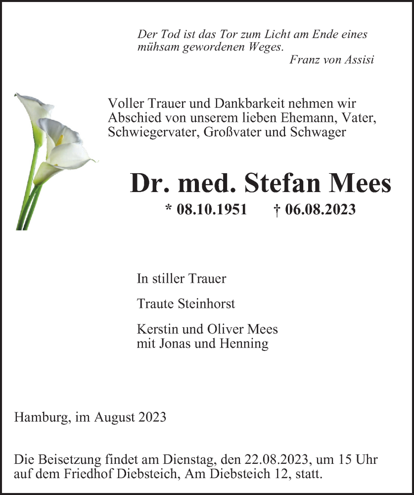  Traueranzeige für Stefan Mees vom 16.08.2023 aus Hamburger Abendblatt