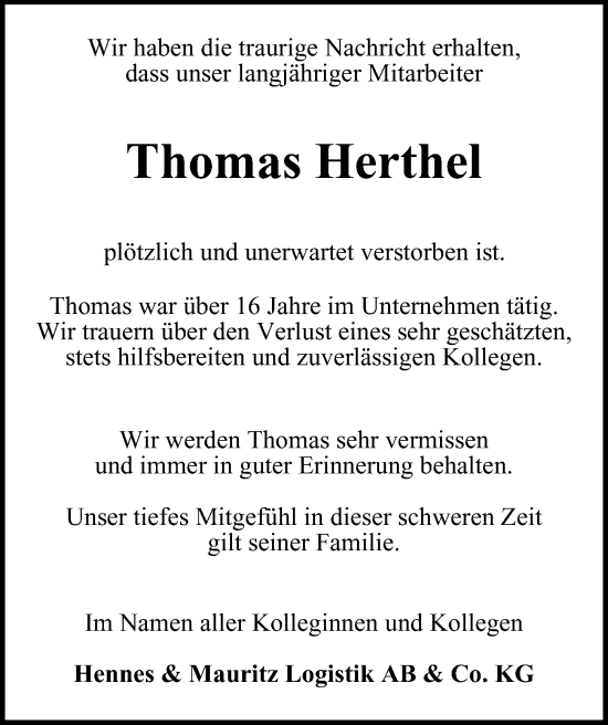 Traueranzeige von Thomas Herthel von Hamburger Abendblatt