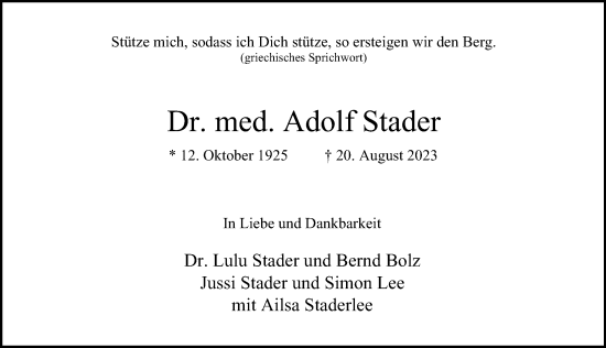 Traueranzeige von Adolf Stader von Hamburger Abendblatt