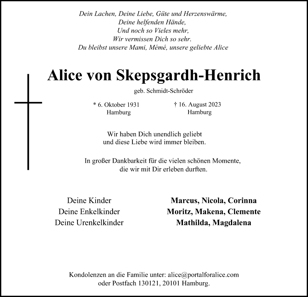  Traueranzeige für Alice von Skepsgardh-Henrich vom 23.09.2023 aus Hamburger Abendblatt