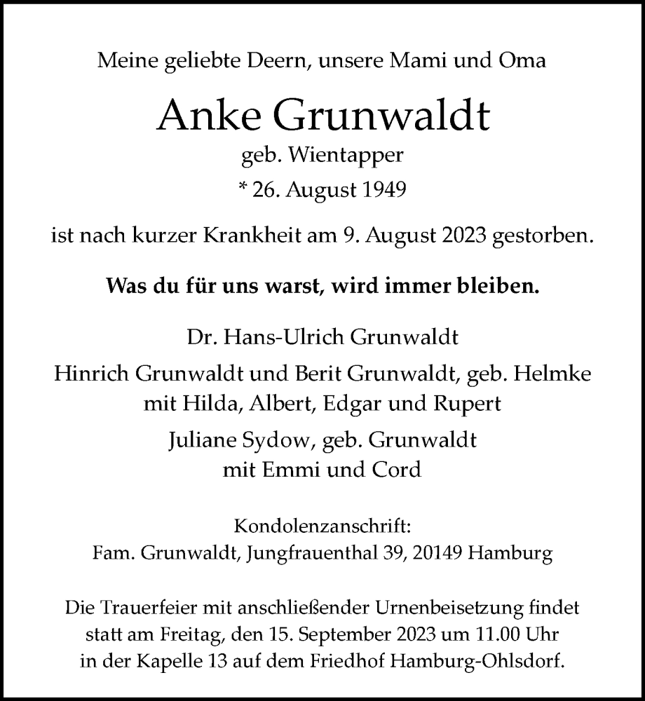  Traueranzeige für Anke Grunwaldt vom 02.09.2023 aus Hamburger Abendblatt