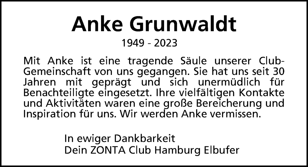  Traueranzeige für Anke Grunwaldt vom 09.09.2023 aus Hamburger Abendblatt