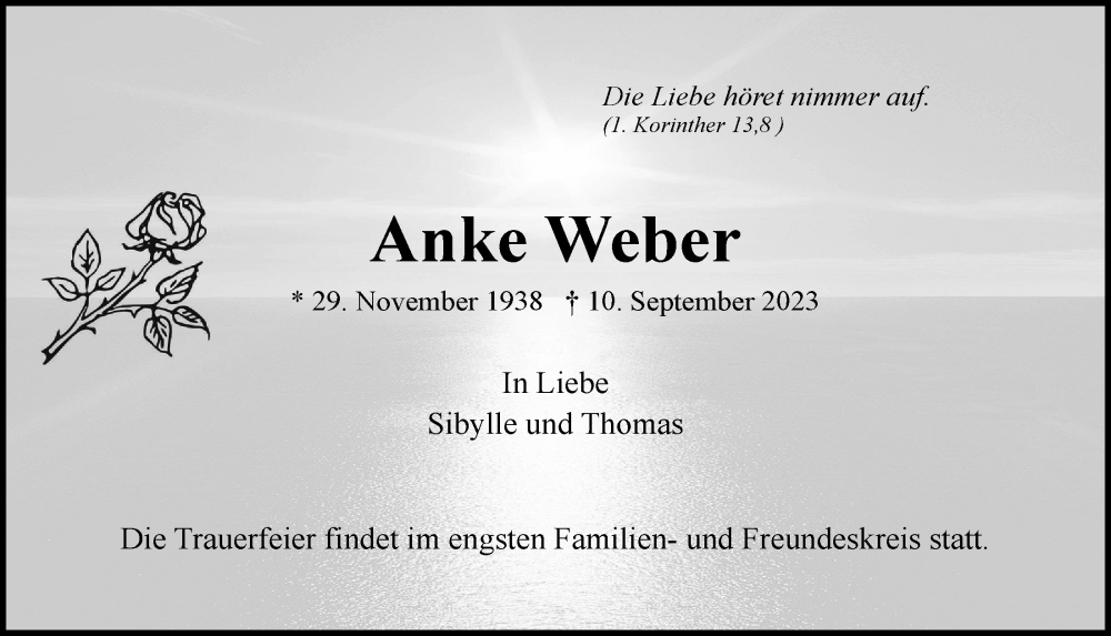  Traueranzeige für Anke Weber vom 16.09.2023 aus Bergedorfer Zeitung