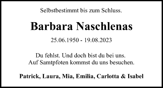 Traueranzeige von Barbara Naschlenas 