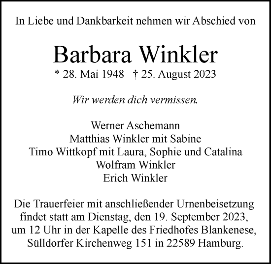 Traueranzeige von Barbara Winkler von Hamburger Abendblatt