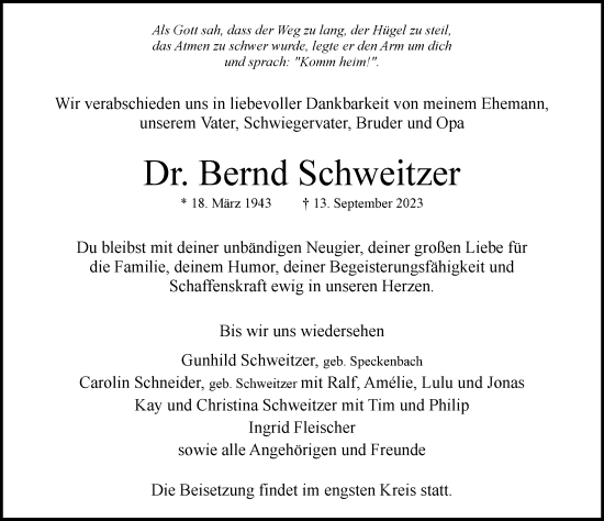 Traueranzeige von Bernd Schweitzer von Hamburger Abendblatt