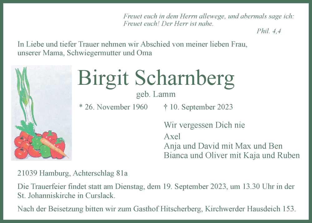  Traueranzeige für Birgit Scharnberg vom 16.09.2023 aus Bergedorfer Zeitung