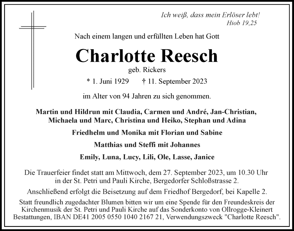  Traueranzeige für Charlotte Reesch vom 16.09.2023 aus Bergedorfer Zeitung