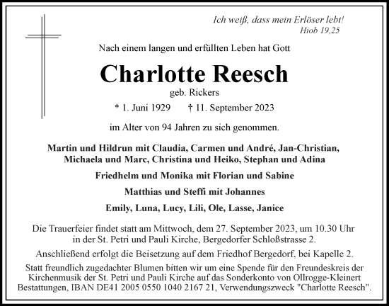 Traueranzeige von Charlotte Reesch von Bergedorfer Zeitung