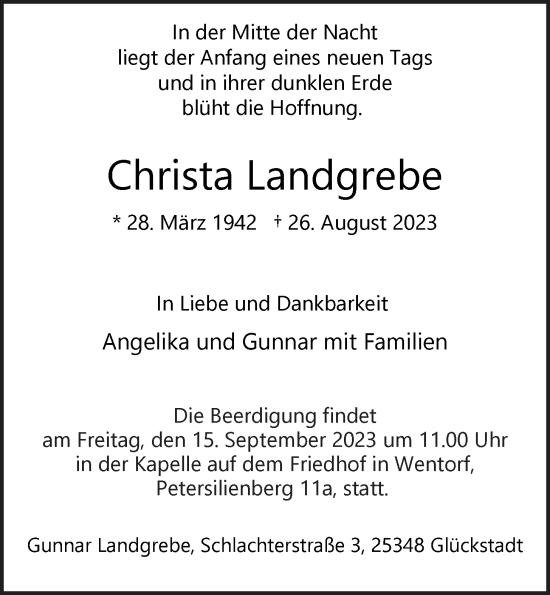 Traueranzeige von Christa Landgrebe von Bergedorfer Zeitung