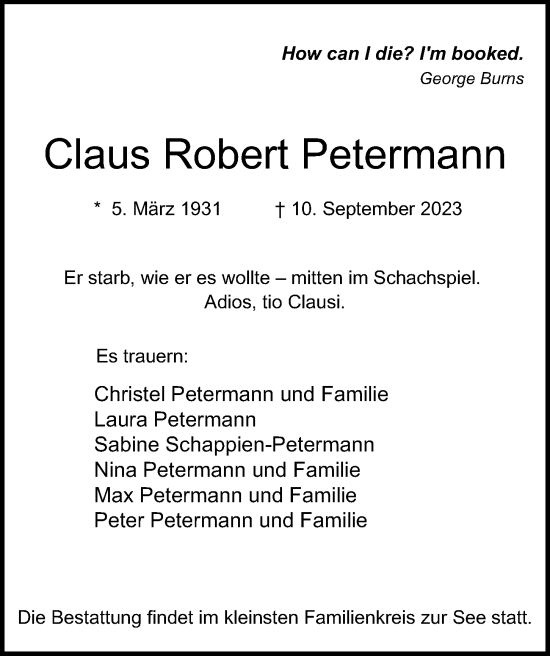 Traueranzeige von Claus Robert Petermann von Hamburger Abendblatt