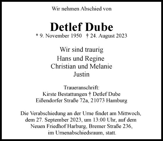 Traueranzeige von Detlef Dube von Hamburger Abendblatt