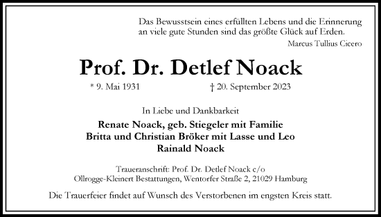 Traueranzeige von Detlef Noack von Bergedorfer Zeitung