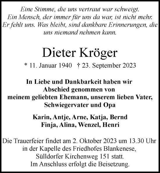 Traueranzeige von Dieter Kröger von Hamburger Abendblatt
