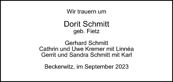 Traueranzeige von Dorit Schmitt von Hamburger Abendblatt