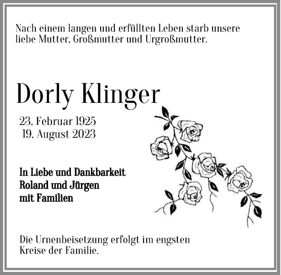 Traueranzeige von Dorly Klinger von Hamburger Abendblatt