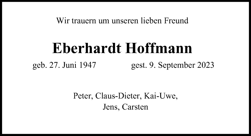  Traueranzeige für Eberhardt Hoffmann vom 16.09.2023 aus Hamburger Abendblatt