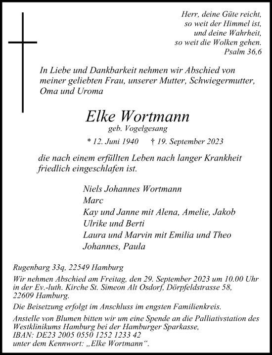 Traueranzeige von Elke Wortmann von Hamburger Abendblatt