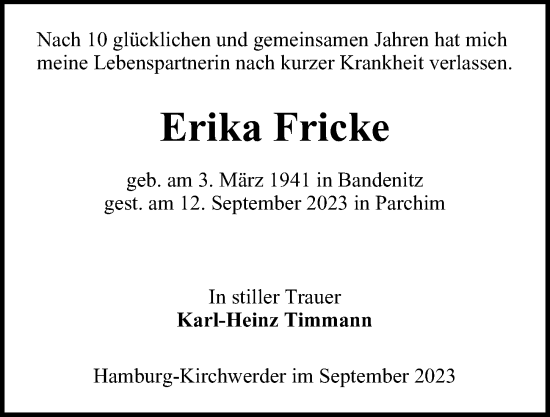 Traueranzeige von Erika Fricke von Echo Wochenblatt, Bergedorfer Zeitung