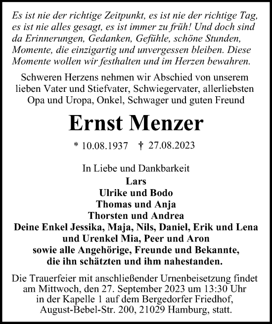 Traueranzeige von Ernst Menzer von Bergedorfer Zeitung