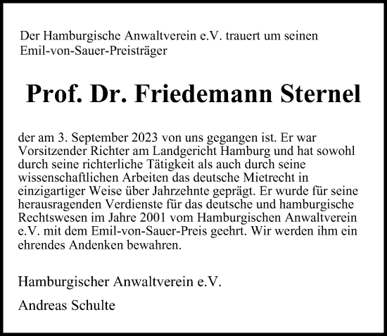 Traueranzeige von Friedemann Sternel von Hamburger Abendblatt