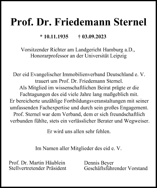 Traueranzeige von Friedemann Sternel von Hamburger Abendblatt