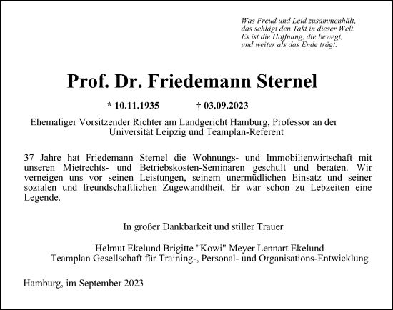 Traueranzeige von Friedemann Sternel von Hamburger Abendblatt