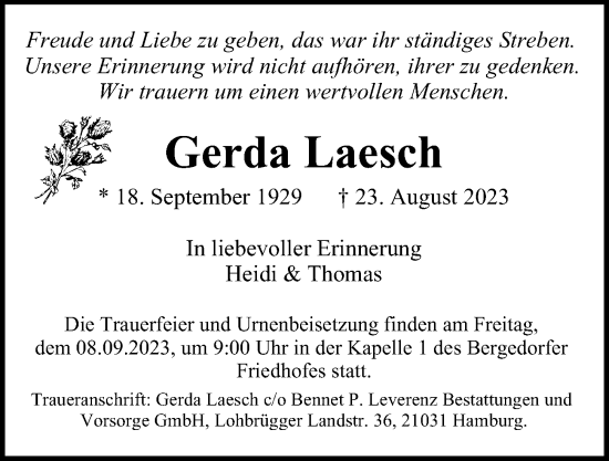 Traueranzeige von Gerda Laesch von Bergedorfer Zeitung