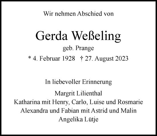 Traueranzeige von Gerda Weßeling von Hamburger Abendblatt