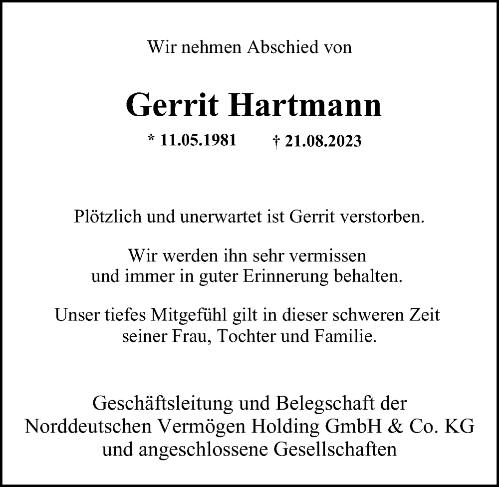  Traueranzeige für Gerrit Hartmann vom 02.09.2023 aus Hamburger Abendblatt
