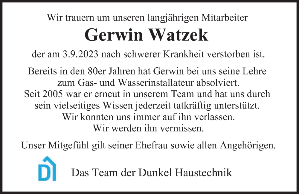  Traueranzeige für Gerwin Watzek vom 16.09.2023 aus 