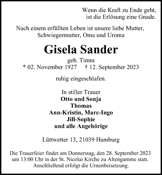 Traueranzeige von Gisela Sander von Bergedorfer Zeitung