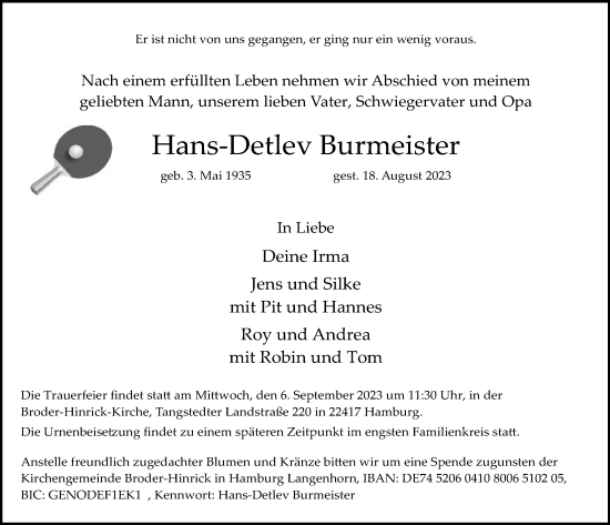 Traueranzeige von Hans-Detlev Burmeister von Hamburger Abendblatt