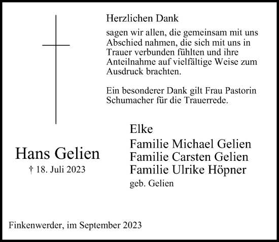 Traueranzeige von Hans Gelien 