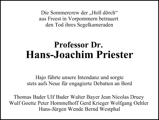 Traueranzeige von Hans-Joachim Priester von Hamburger Abendblatt