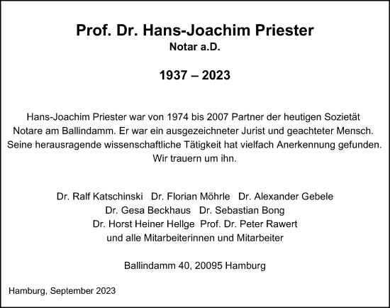 Traueranzeige von Hans-Joachim Priester von Hamburger Abendblatt