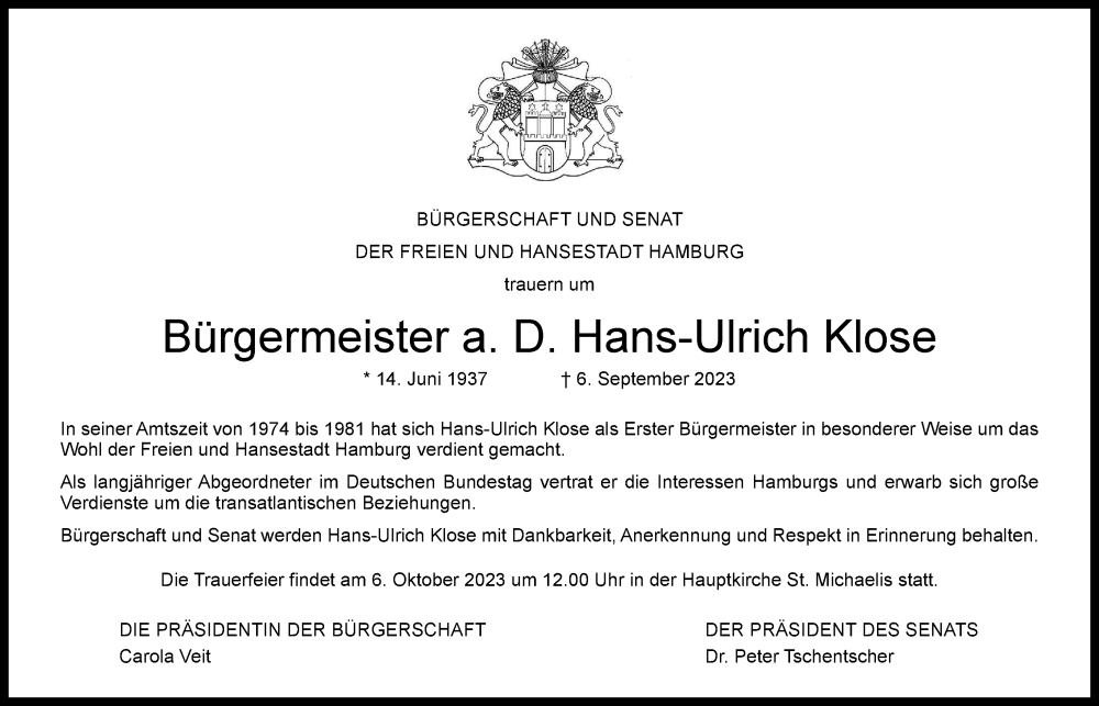  Traueranzeige für Hans-Ulrich Klose vom 16.09.2023 aus Hamburger Abendblatt