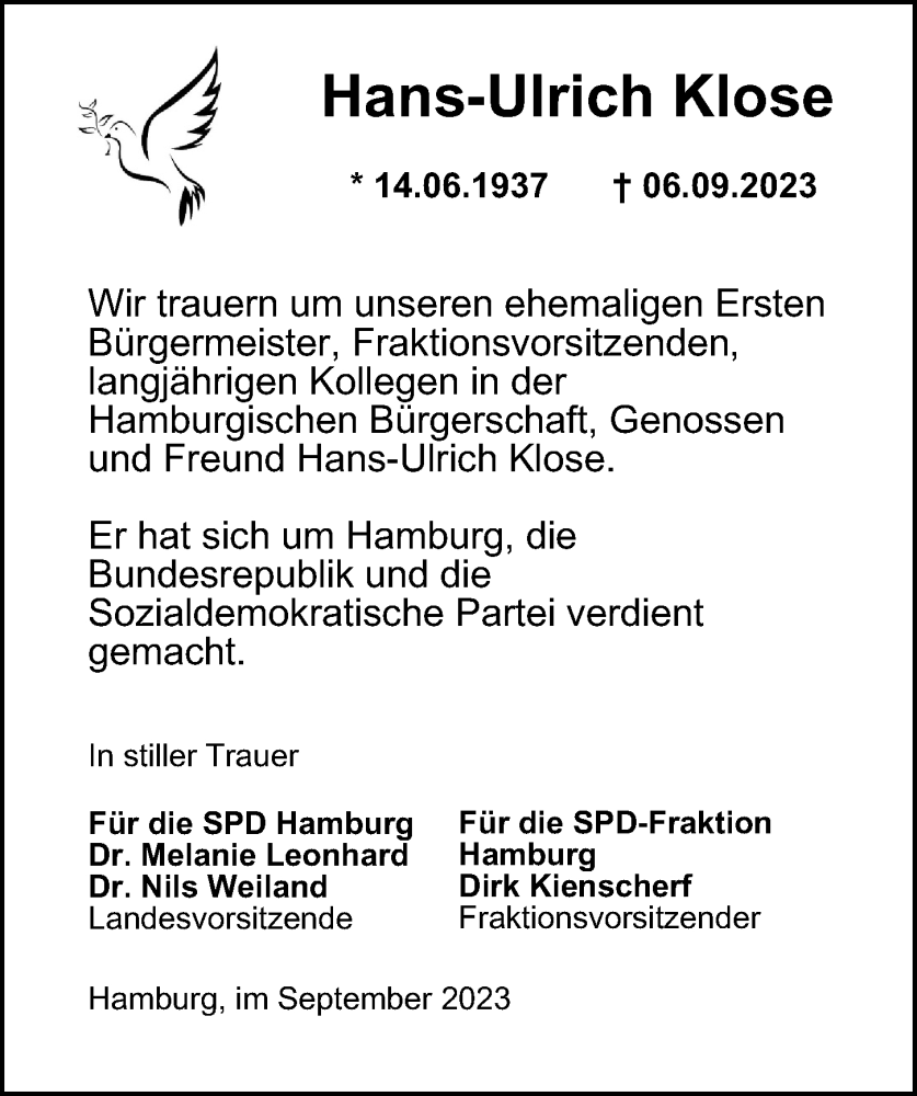  Traueranzeige für Hans-Ulrich Klose vom 16.09.2023 aus Hamburger Abendblatt