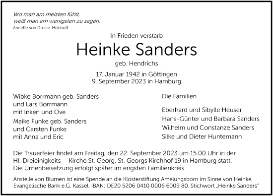 Traueranzeige von Heinke Sanders von Hamburger Abendblatt