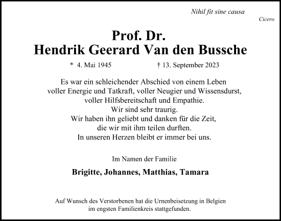 Traueranzeige von Hendrik Geerard  Van den Bussche von Hamburger Abendblatt